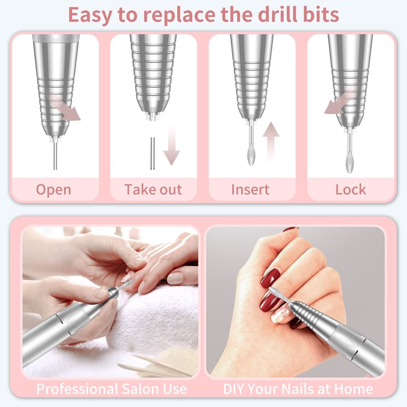 MOCOWIND Portable Nail Drill Professional 35000 RPM, Rechargeable Electric Nail File Machine Cordless E-File for Acrylic Gel Polishing Removing with Bits Kit for Manicure Salon Home, Pink