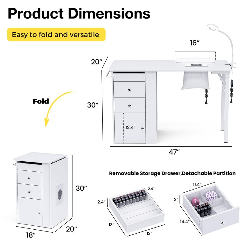 Foldable Nail Table with Dust Collector, Manicure Desk for Nail Tech, with LED Lamp, Wrist Rest, Rolling Nail Table for Salon, Home Beauty Workstation, Compact Nail Station with Storage (White)