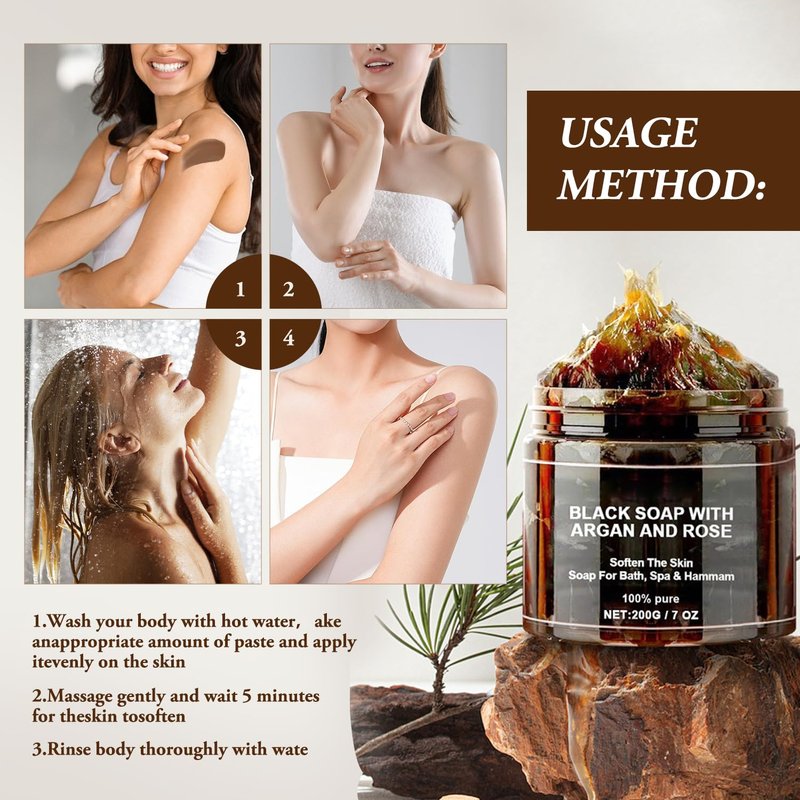Morocco Black Soap with Argan and Rose, Morocco Black Beldi Bar Exfoliating Soaps, Moroccan Black Soap Hammam, Moroccos Body Scrub with Exfoliating Glove, 2 PCS