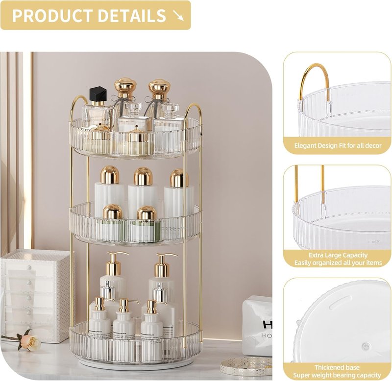 Skiennix 360° Rotating Makeup Organizer - 3-Tier Perfume & Skincare Storage - Space-Saving Clear Design