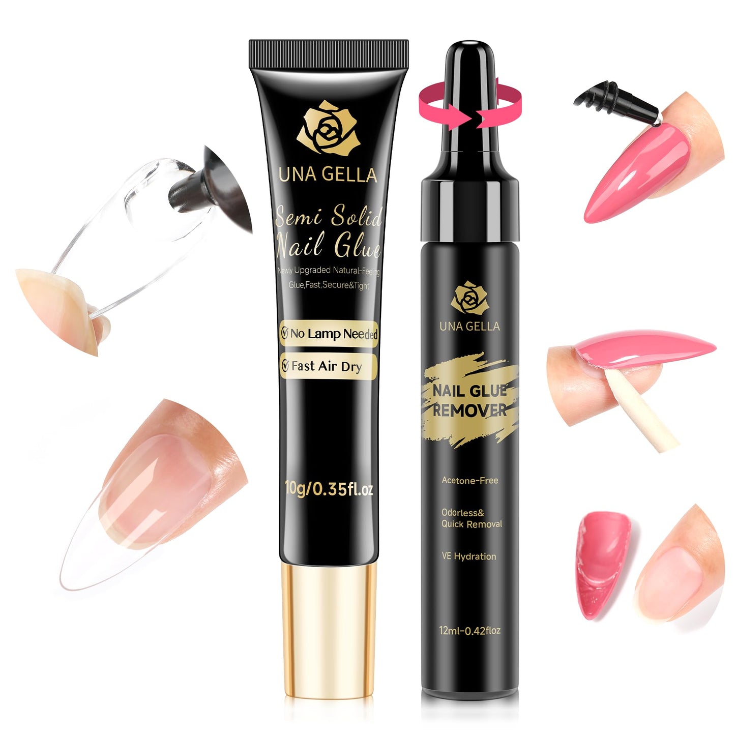 UNA GELLA Semi Solid Nail Glue for Press Ons Lamp-Free 10ml and Soak Off Gel Nail Glue Remover for False Acrylic Nails 12ml, Super Strong G lue Quick Removal Kit