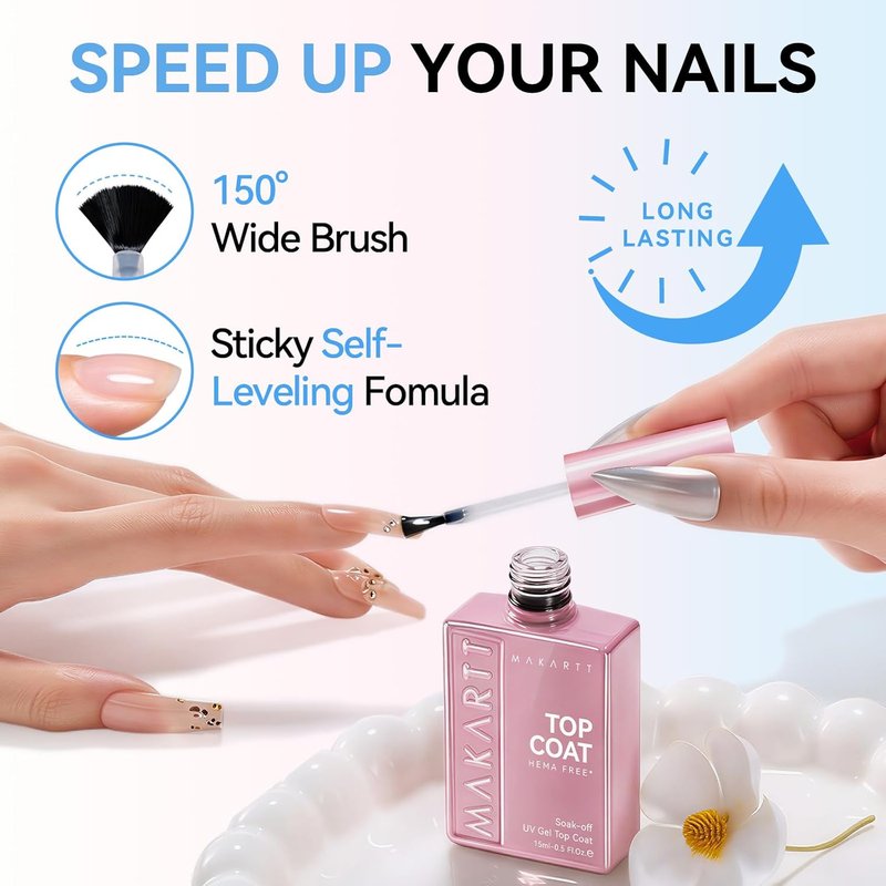 Makartt Gel Top Coat - Hema-Free No Wipe Clear Nail Polish | 15ml Long-Lasting High Gloss Finish for DIY Home Manicure