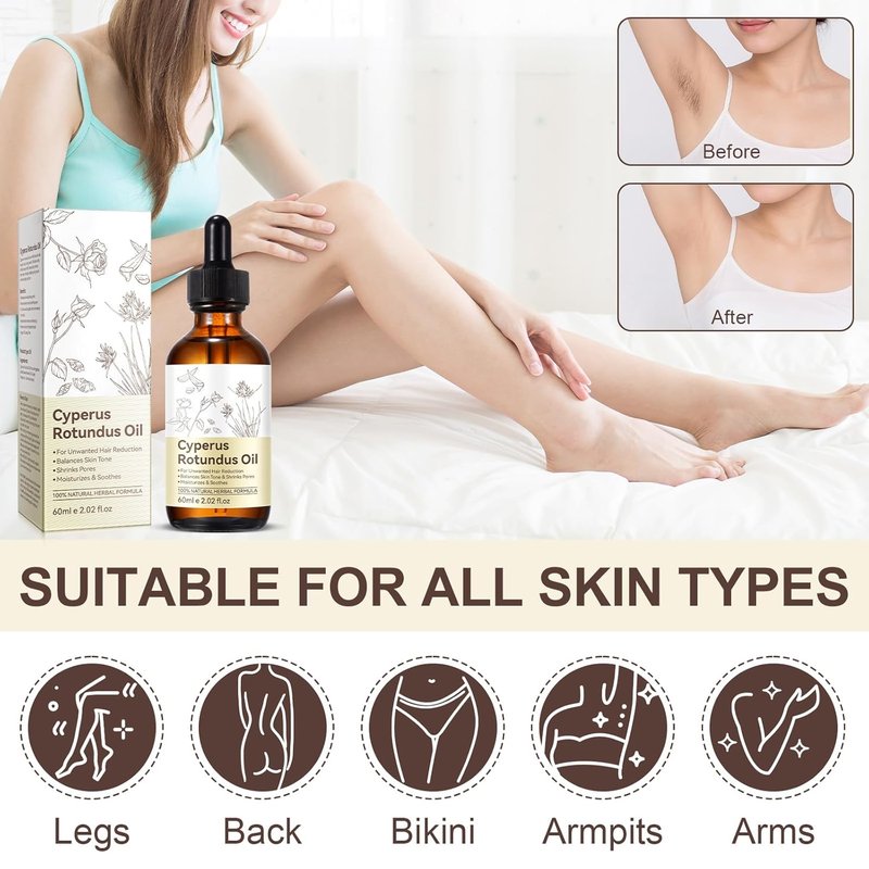 Cyperus Rotundus Oil for Hair Removal - Natural Formula to Reduce Unwanted Hair Growth & Moisturize Skin - 2.02 Fl Oz / 60ml