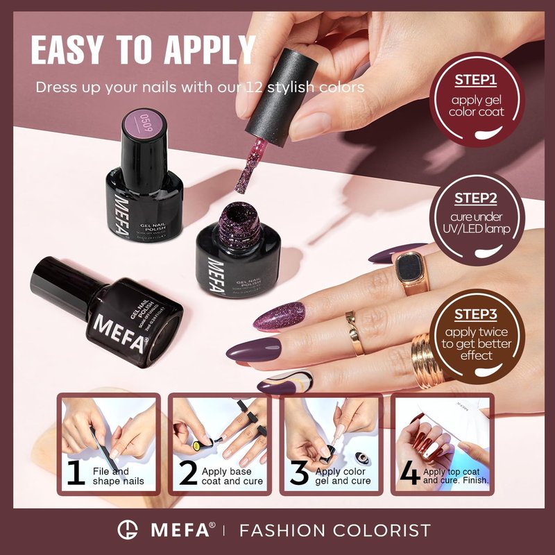 MEFA Gel Nail Polish Set, 12 Colors Fall Burgundy Red Nail Polish Set Champagne Gold Glitter Nail Polish Gel Soak Off Dark Red Purple Shimmer Nude Brown Manicure Gifts for Women Girl DIY Salon Home