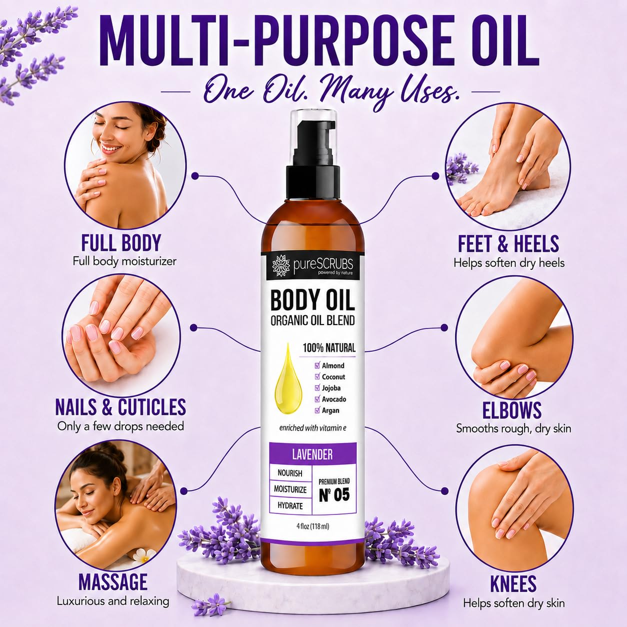 pureSCRUBS Ultra Moisturizing Lavender Body Oil for Dry Skin, Lightweight Full Body Moisturizer for Soft, Silky Skin, Massage & Cuticle Oil, Vitamin E Enriched, 4 oz