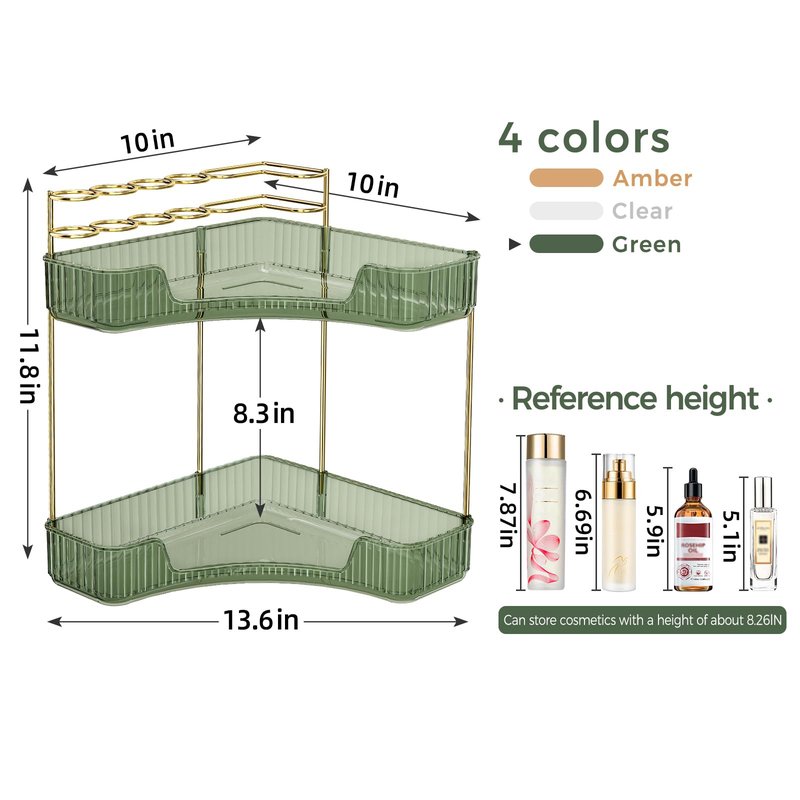 BEFSOP Corner Bathroom Counter Organizer, Upgraded 2-Tier Makeup Organizer Countertop with Makeup Brush Holder, Skincare Exquisite Vanity Organizers Countertop Bathroom Storage Dresser(Green)