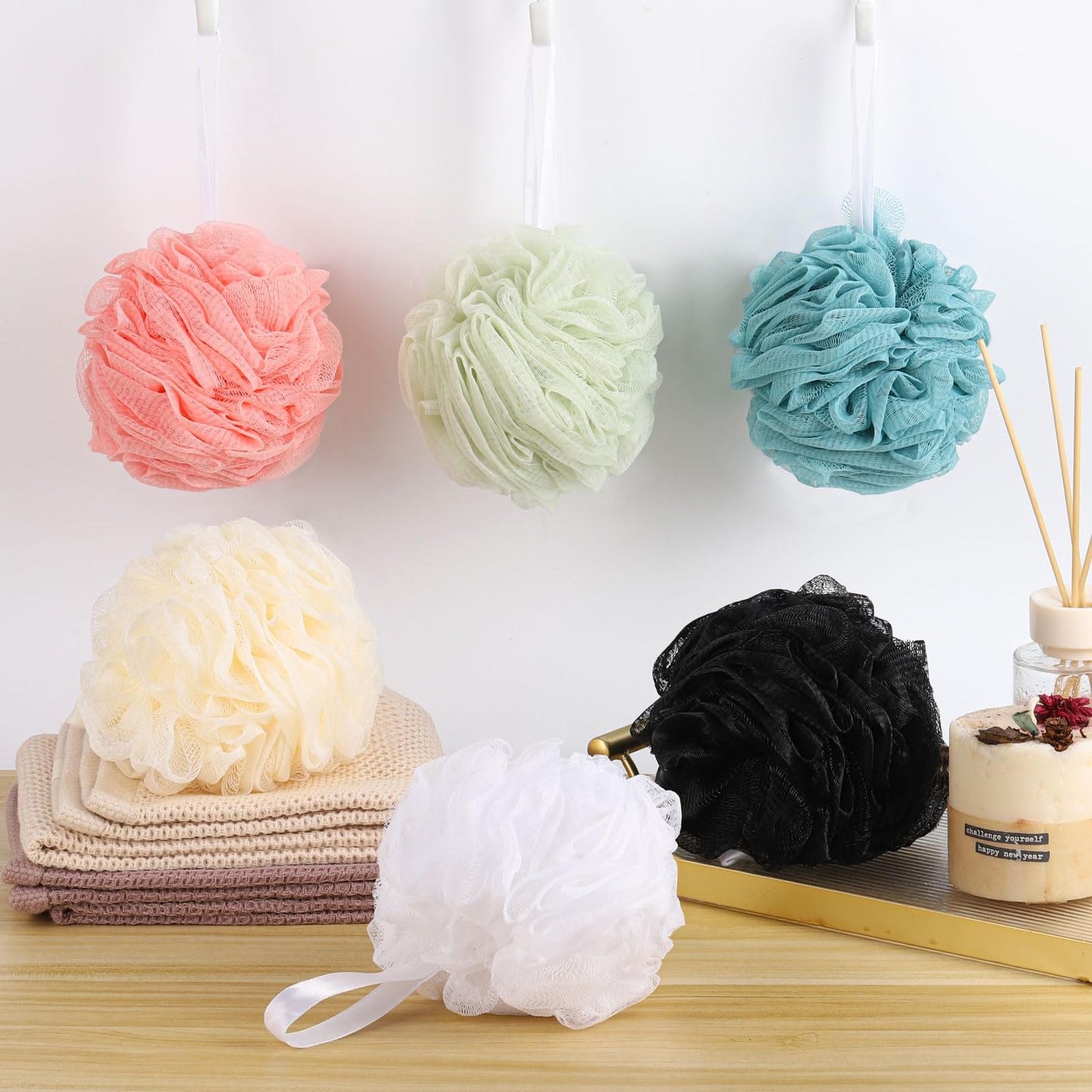 BTYMS 75g/Pc Large Loofah Bath Sponge, Exfoliating Body Scrubber Shower Scrunchies Mesh Pouf - Set of 6