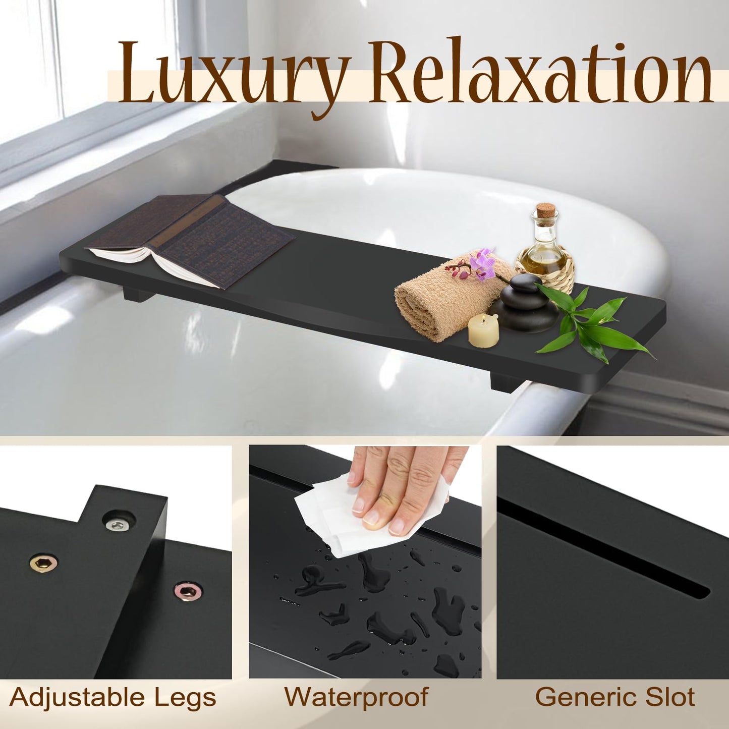 Stylish Black Bamboo Bathtub Tray Caddy with Adjustable Legs, Minimalistic Design Bath Tray for Tub, Bathtub Accessories, Fits Most Free Standing Bath Tubs, Idea for Women