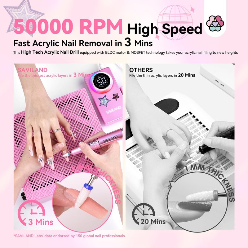 SAVILAND 50000RPM Professional Nail Drill: 2026 Rechargeable Electric Nail File 6000mAh Nail Filer Electric for Manicure Pedicure Shaping & Acrylic Removal Salon Use Drill para Uñas Profesional