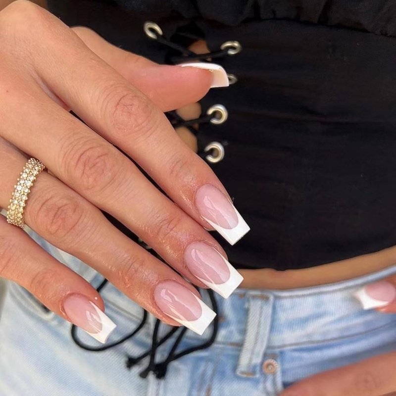 Medium Square Press-On Nails - Classic White V-Tip French Manicure | Glue-Free Acrylic with Adhesive Tabs (24 Pcs)