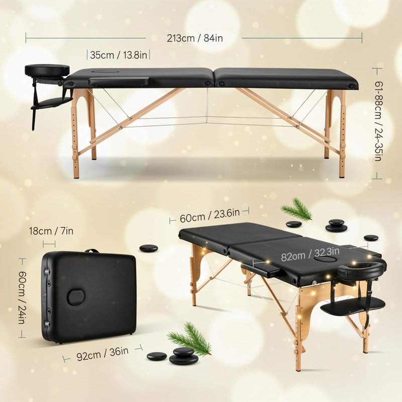 CHRUN Massage Table Portable Wooden Lash Bed 24" Wide Massage Bed Foldable Beauty Spa Tattoo Face Cradle Adjustable Height 35Inch 2 Fold with Bag (Black)
