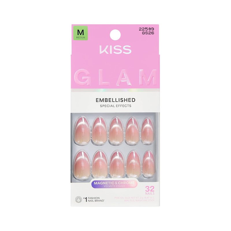 Kiss Glam Press On Nails - Stardust Wonder Pink Almond Shape | 32 Nails, Glue & Manicure Tools Included