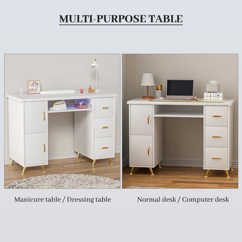 Charmmade Nail Desk for Nail Tech, Professional White Nail Desk with Wrist Pad, Acetone-Resistant Manicure Table with Storage Cabinet, Sturdy Metal Legs Nail Table for Salon, Spa, Home(White-Gold)