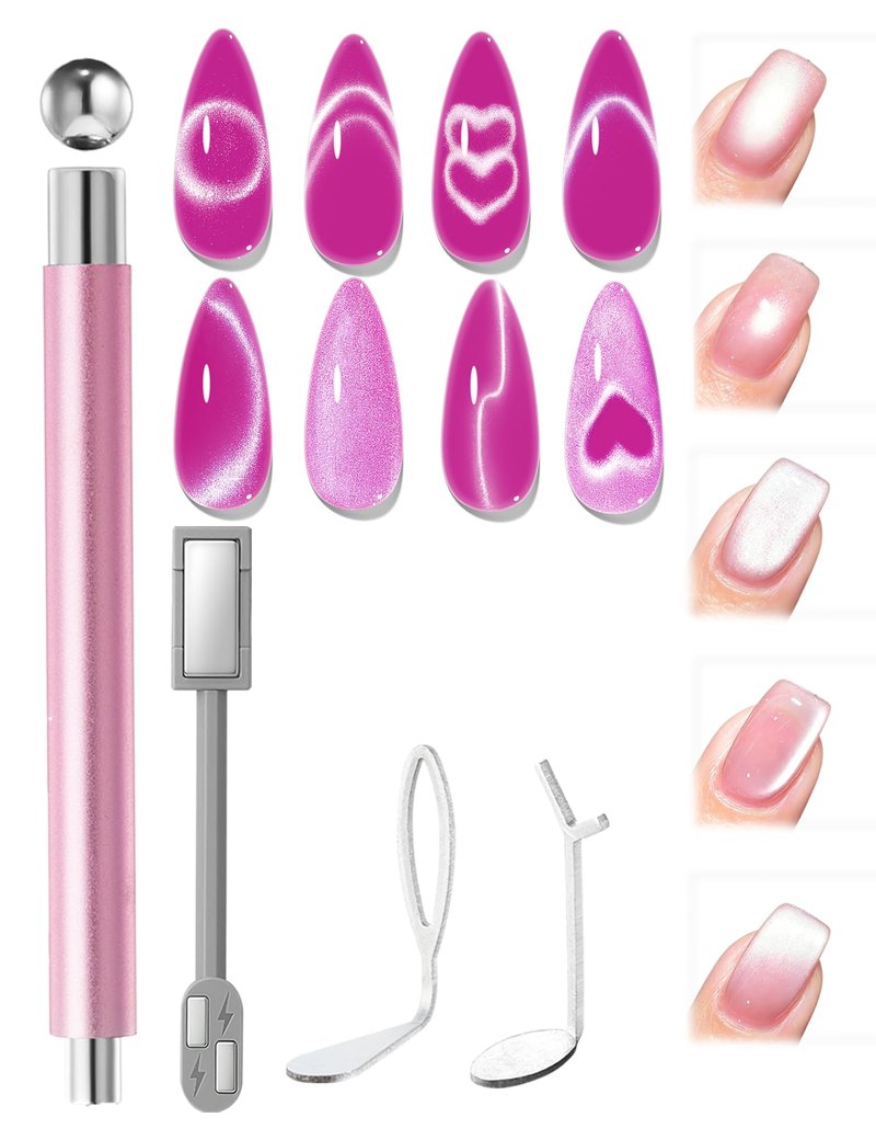 modelones Cat Eye Magnet Set, 6PCS 3-in-1 Dual-Head Nail Magnet Pen with Heart, Lightning & Sphere Shapes for Cateye Gel Polish, Side Light Wide Light Glass Glow Effects DIY Nail Art Tool(Magnet Only)
