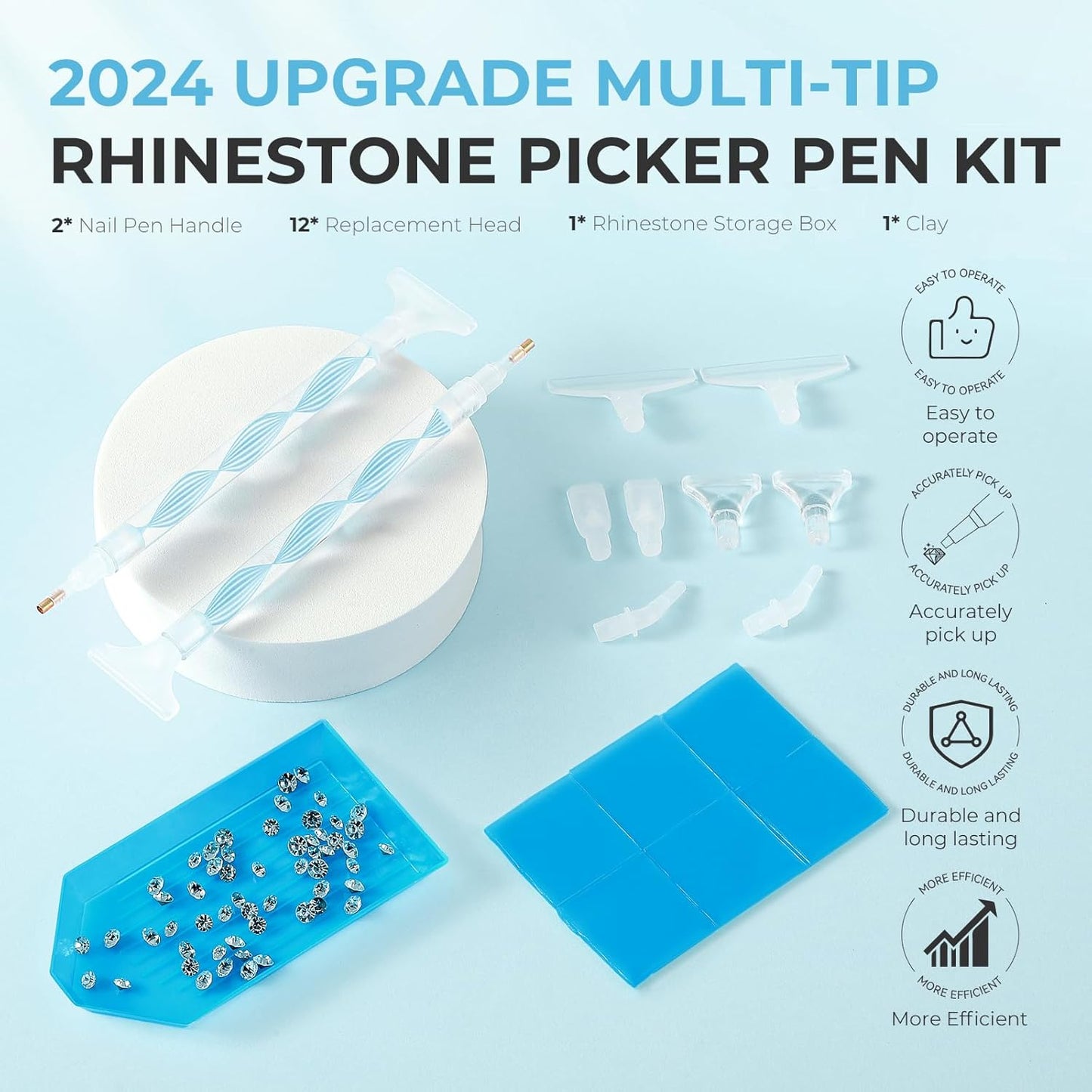 Skiennix Rhinestone Picker Tool Kit - Dual-Ended Applicator with 12 Replacement Tips | Perfect for DIY Nail Art (Blue)