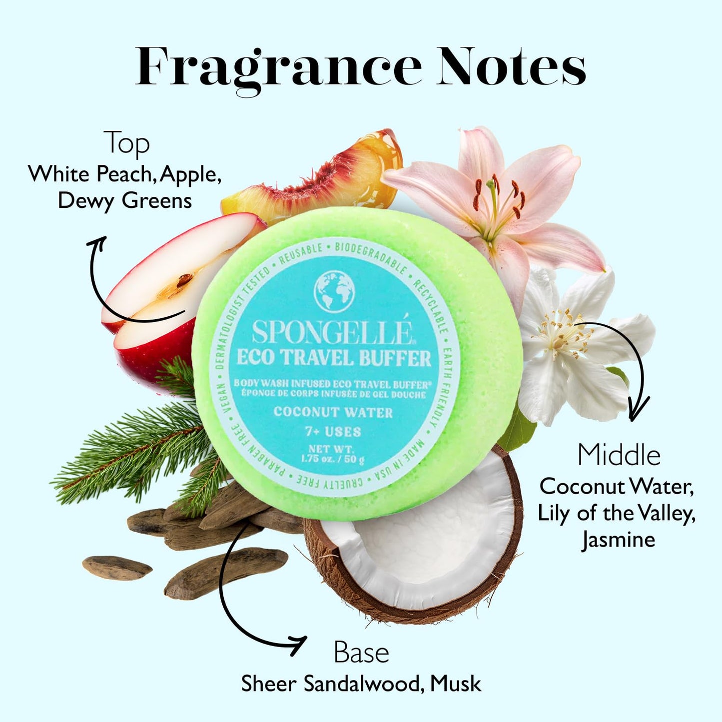 Spongelle Coconut Water Eco Collection Travel Body Buffer Body Scrubber | Bath & Shower Loofah for Men & Women | Biodegradable, Cruelty-Free, Vegan, Dermatologist-Tested, Made in USA | 7+ uses