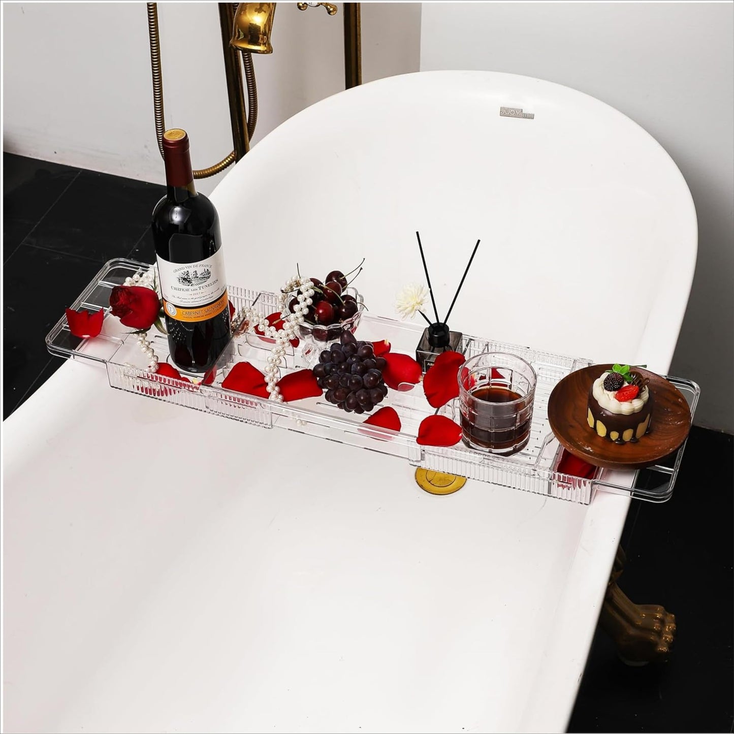 Expandable Bathtub Trays for Tub,Acrylic Bath Shelf Over Tub,with Non-Slip Design iPad Holder for Books Phone，Suitable for Bathtubs with an Internal Width of up to 28 Inch