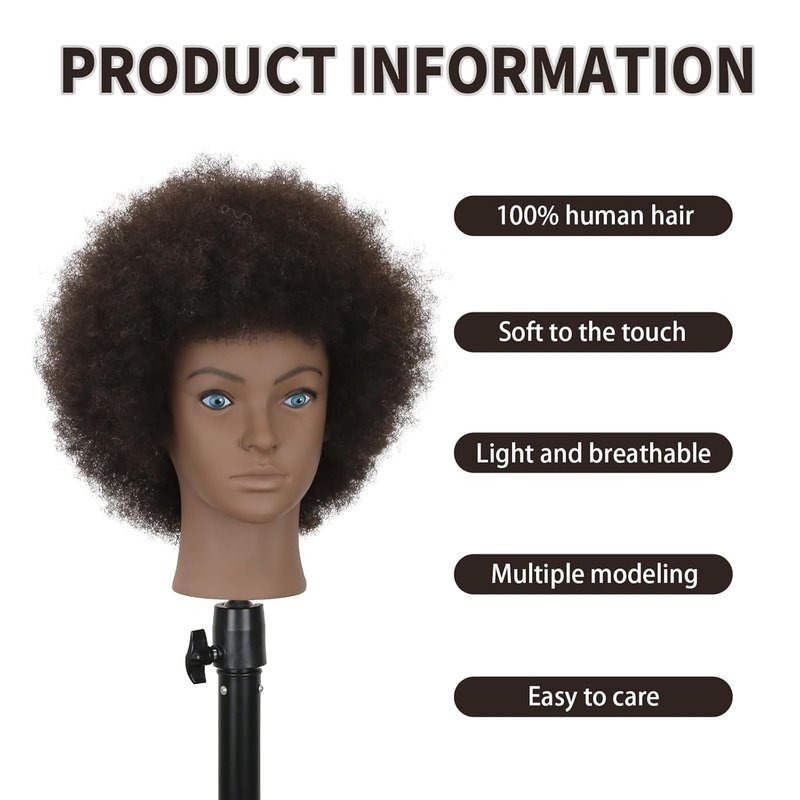 Afro Kinky Curly Mannequin Head - 100% Human Hair for Braiding & Styling | Salon Training Head with Stand