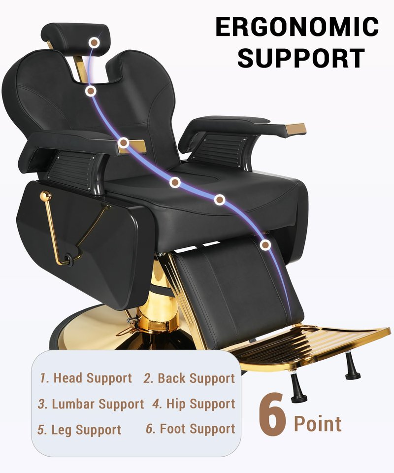 Felivine Barber Chair, Heavy Duty Barber Chair for Home Reclining Barber Chair with Adjustable Headrest & Footrest, All-Purpose Barber Chairs Adjustable Hydraulic 360° Swivel, Black Gold