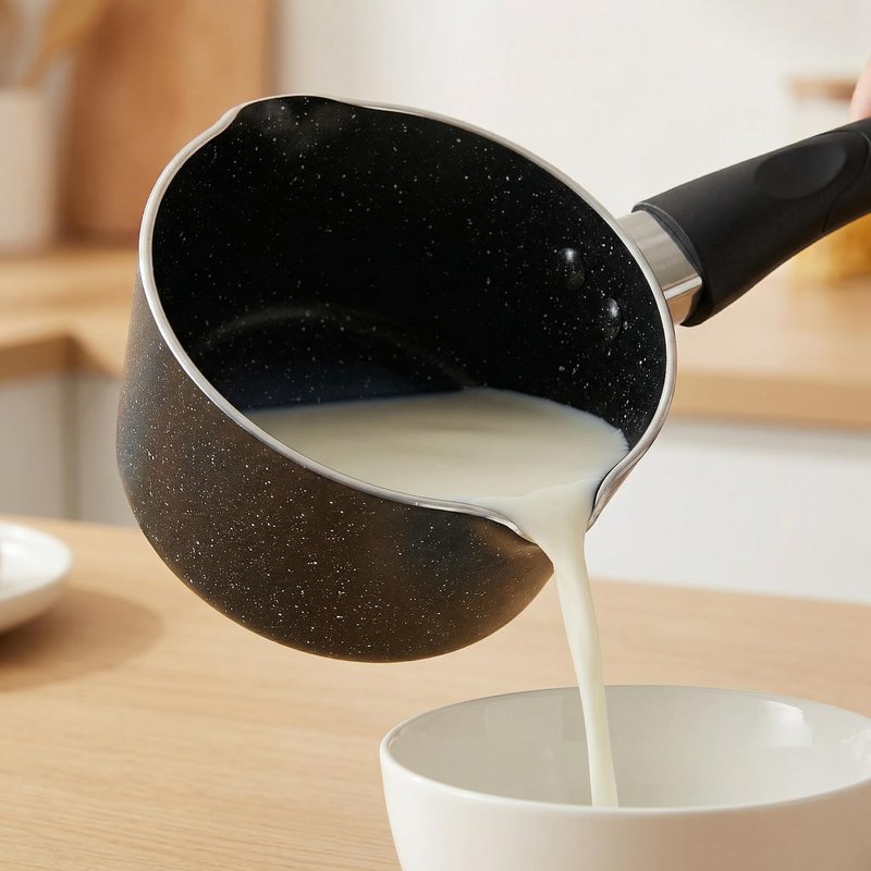 FryNest Heavy Gauge Nonstick Milk Pan 5 Inch with Double Pour Spouts, Small Aluminum Pouring Saucepan for Heating Milk, Butter and Sauces, Bakelite Handle, Compact Stovetop Pot (NOT INDUCTION)