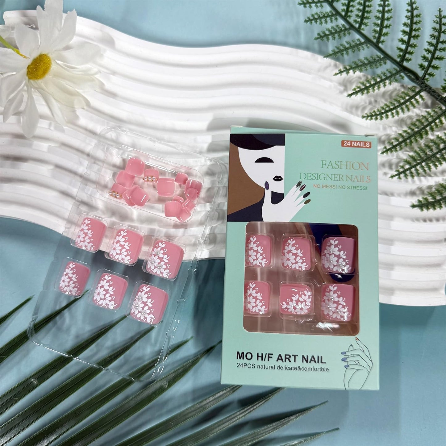 White Floral Press on Toenails Short Square Fake Toe Nails with 3D Flowers Designs Glossy Pink Toenail Press ons Acrylic Toe Nail Tips Reusable Stick on Toenails for Women Manicure 24Pcs