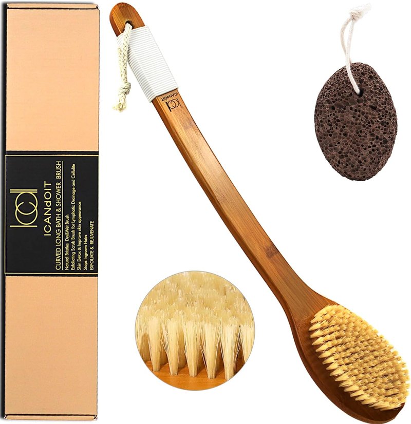 Natural Boar Bristle Bath Brush - Anti-Slip Long Handle Shower Scrubber | Exfoliating Back Brush with Pumice Stone (17.71 Inch)