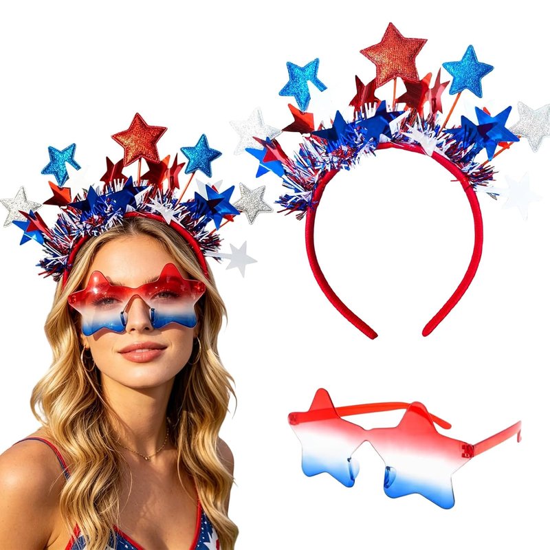 4th of July Patriotic Accessories Set - Star Headband & Gradient Star Sunglasses | Red, White & Blue