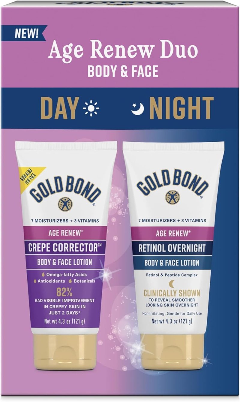 Gold Bond Age Renew Lotion Set - Day & Night Duo for Body & Face | Crepe Corrector & Retinol, 8.6 oz