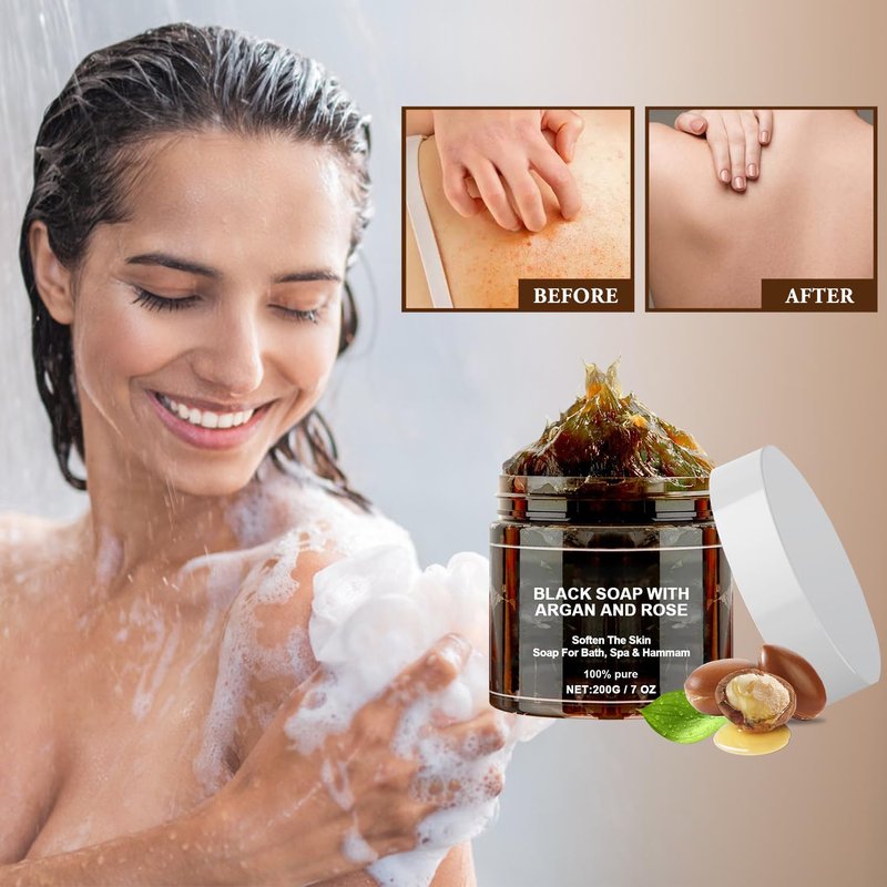 Morocco Black Soap with Argan and Rose, Morocco Black Beldi Bar Exfoliating Soaps, Moroccan Black Soap Hammam, Moroccos Body Scrub with Exfoliating Glove, 2 PCS