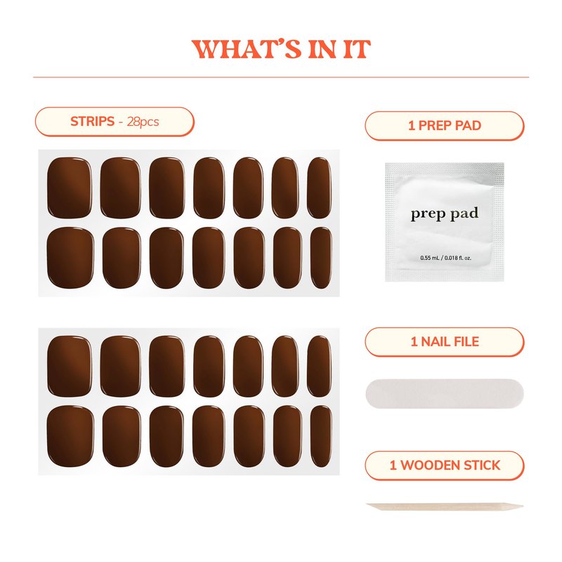 Heyhae Semi Cured Gel Nail Strips | No LED Lamp Needed | Fall, Solid, Brown | Easy Apply & Remove, Salon Quality | Includes 28 Strips, 1 Prep Pads, Nail File & Wooden stick - Hey, Espresso Yourself