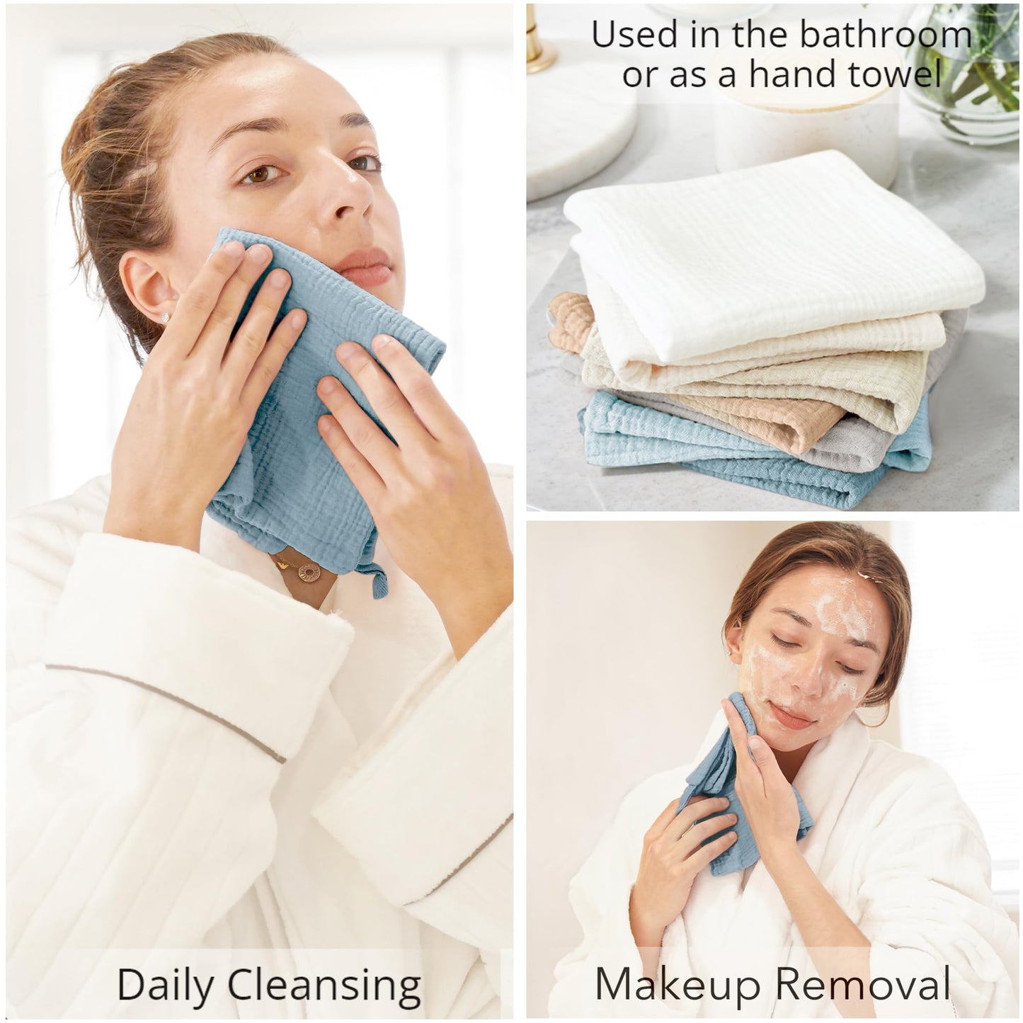 Konssy 7-Pack Ultra Soft Muslin Cotton Face Wash Cloths, Reusable Absorbent Washcloths for Sensitive Skin, Lightweight Facial Makeup Remover Towels for Women (11 x 11 Inch)