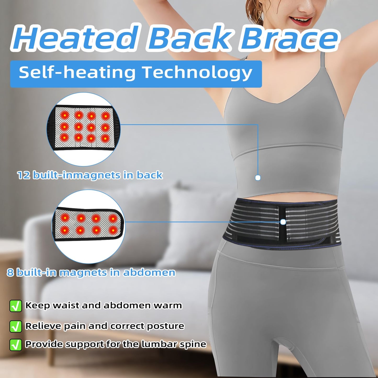 Back Brace for Lower Back Pain Relief, Lumbar Support Belt for Work for Men&Women with Magnet, 4 Reinforced Stays, Self Heating Adjustable Back Support for Sciatica, Herniated Disc, Scoliosis (Medium)