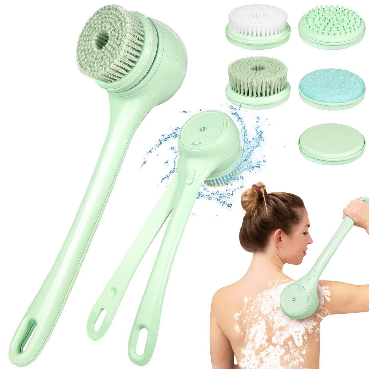Electric Body Brush, Auto Spinning Back Scrubber for Shower, USB Rechargeable Bath Brush with Dual Long Handle, 5 Replaceable Heads, Waterproof Exfoliating Massage Brush for Skincare, Spa and Bath