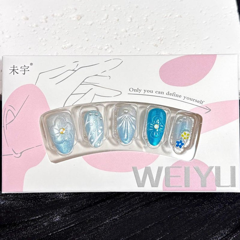 30Pcs Blue French Tip Press on Nails Short Almond Fake Nails 3D Flower with Pearl Glitter Full Cover Glue on Nails Summer Beach False Nails Artificial Reusable Cute Stick on Nail for Acrylic Manicure