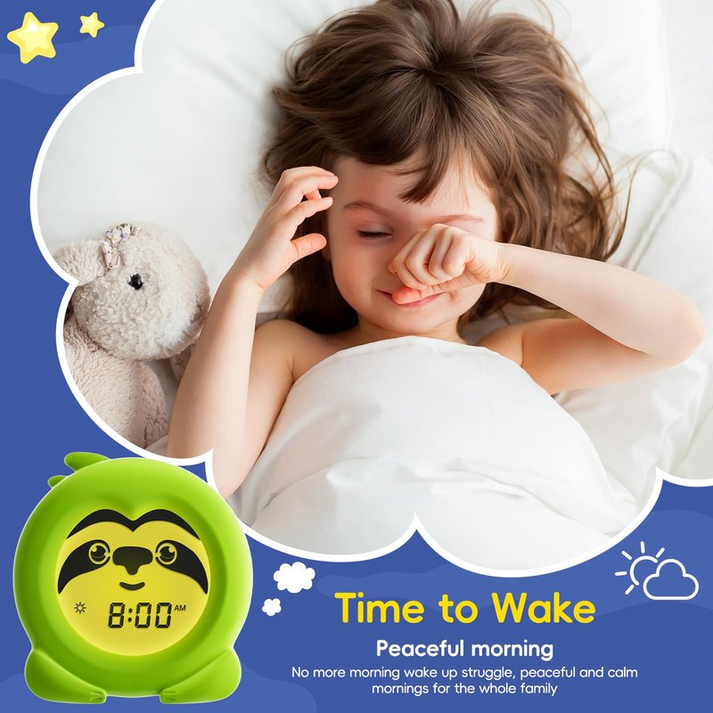 B&H Sleep Trainer Clock for Toddler - Ok to Wake Clock, USB Rechargeable Cute Kids Alarm Clock, Drop Proof Night Light, Science-Backed Lighting for Peaceful Sleep and Ready to Rise Mornings - Sloth