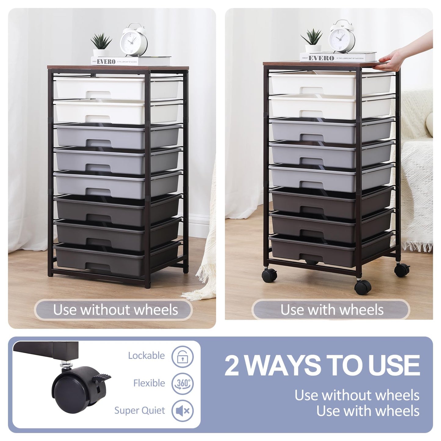 SYKIARIOL Rolling Cart with Drawers,Utility Cart With 8 Drawers and Wooden Tabletop for Living Room,Classroom,Bedroom,Bathroom,Dorm,Office,Dark Grey