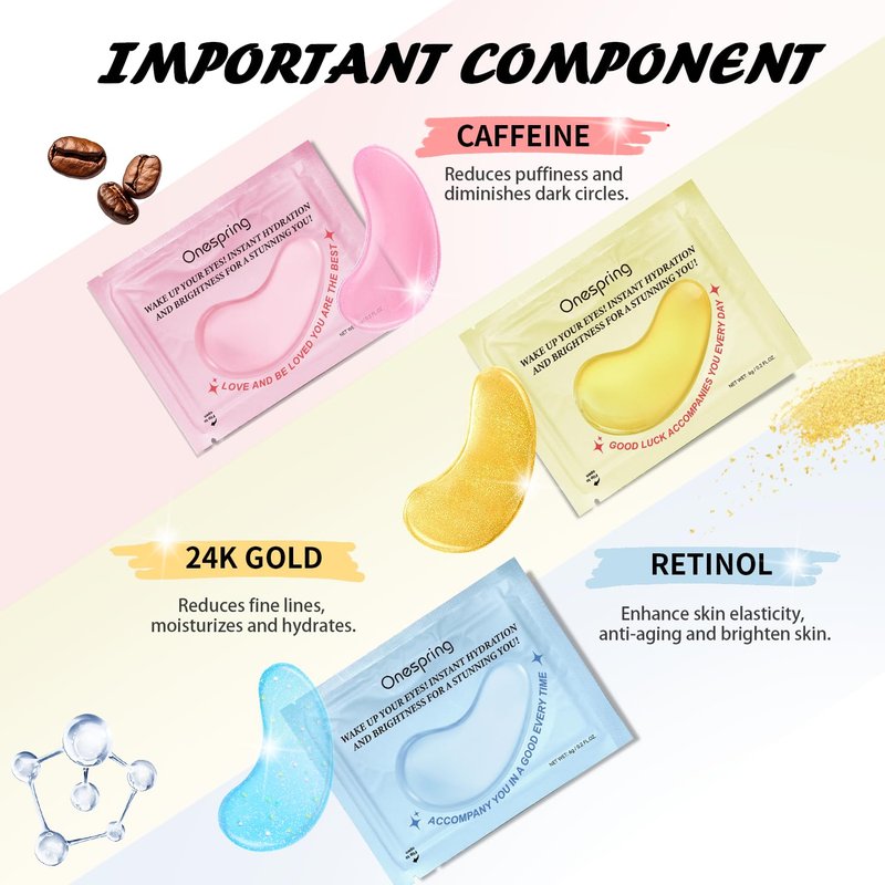 Onespring Eye Masks (8 Pairs) - 24K Gold, Caffeine and Retinol Under Eye Patches, Gel Pads for Wrinkles, Puffiness & Dark Circles, Bachelorette Party Favors, Self Care, Birthday Gifts for Women