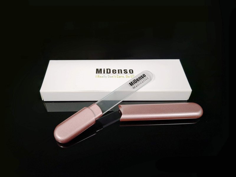 MiDenso Premium Glass Nail File with Case, Crystal Diamond Salon Nail Buffer for Natural and Acrylic Nails, Apricot Color, Japanese Nano Technology, 5.5 Inch