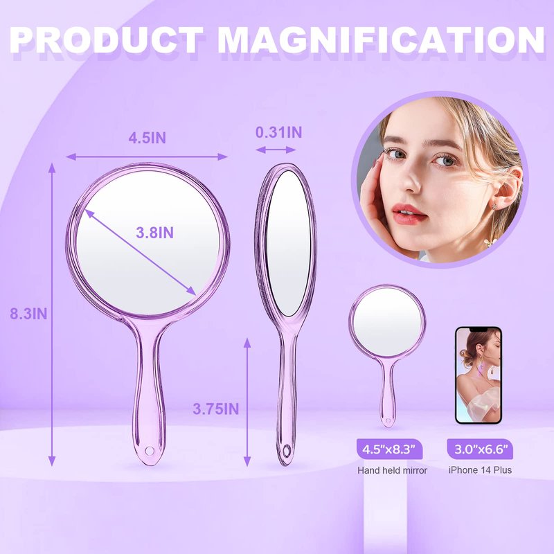 D Hand Mirror with Handle, Handheld Mirror Small Magnifying Mirror 1X 2X Doule Sided Handle Makeup Mirror, Acrylic Handheld Mirror Rounded Shape Purple