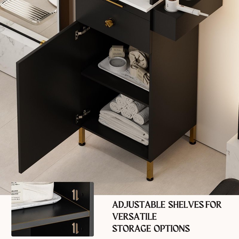 Paddie Barber Station Hair Salon Station, Salon Stations for Hair Stylist, Beauty Salon Spa Equipment w/Glass Shelf, 2 Storage Cabinet & Drawers, 6 Hair Dryer Holders for Hair Styling（Black）