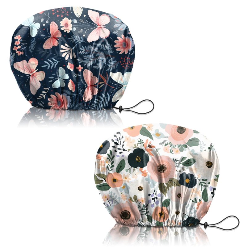 Deokke 2 PCS Shower Cap Reusable Waterproof Adjustable Double Layer Elastic Dry Hair Bathing Caps Aesthetic Cute for Women Girls-Butterfly Flower