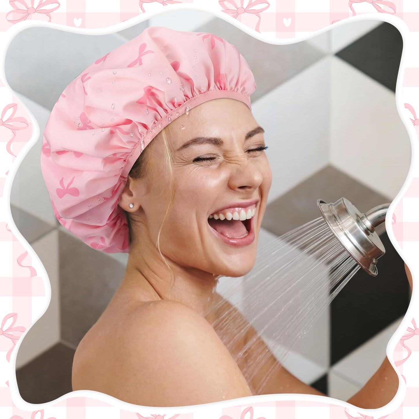 Janmercy Pink Bow Shower Cap for Women Extra Large Terry Lined Shower Cap Reusable Waterproof Double Layer Large Bath Hair Bonnet Washable Quick Dry for Braids Long Straight Curly Hair Women Gifts