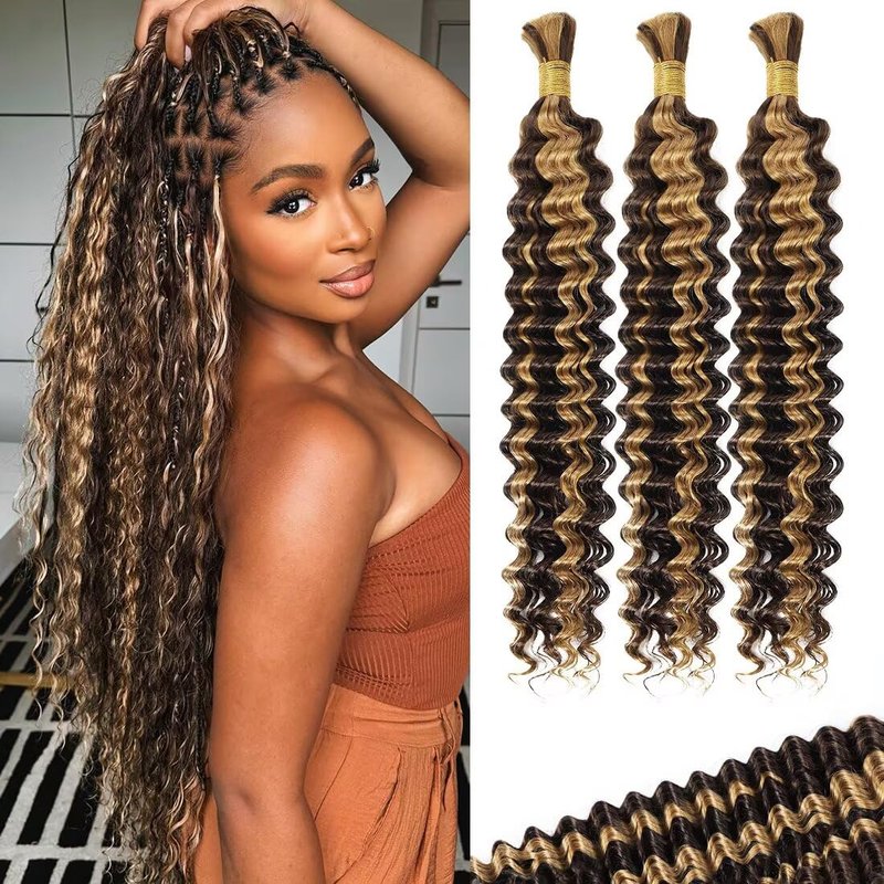 Deep Water Wave Human Braiding Hair - 24 Inch Curly Extensions | 3 Bundles P4/27 for Boho Braids