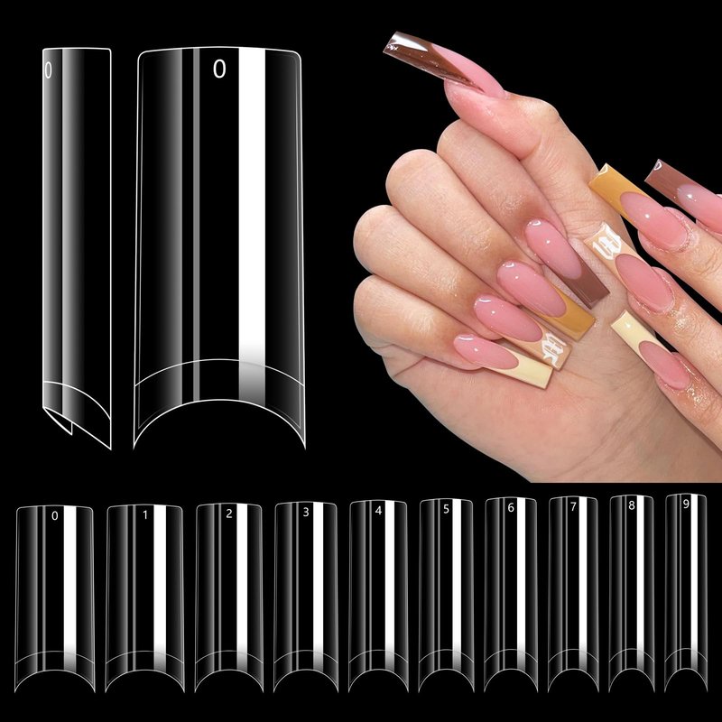 LIONVISON 500PCS No C Curve Nail Tips, Long Square 10 Sizes Half Cover Straight Square French Clear Fake Nail Tips for Acrylic Nails Professional for Nail Art Salon