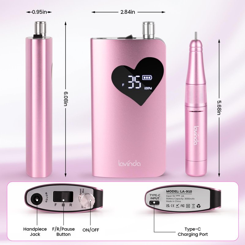 Lavinda Electric Nail Drill Machine, 35000RPM Professional Nail File Cordless Rechargeable Nail Efile for Acrylic Gel Nails (Pink 910)