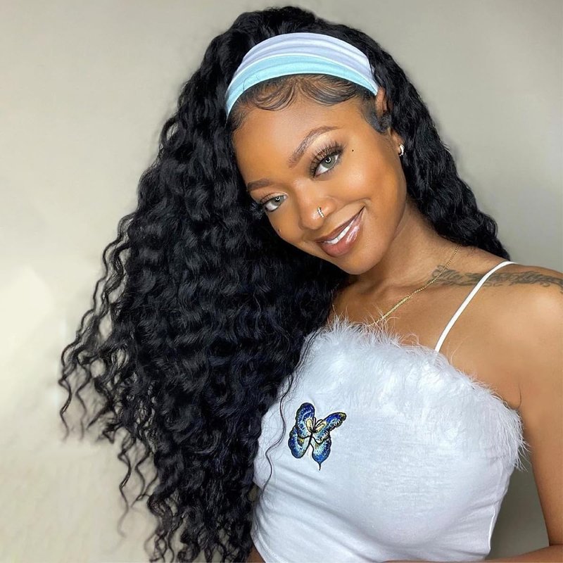Fardoen 200 Density Headband Wig Human Hair Glueless Wigs Curly Wig Human Hair Deep Wave Wig for Black Women 20 Inch Wear And Go Beginner Friendly Natural Black Brazilian Virgin Hair