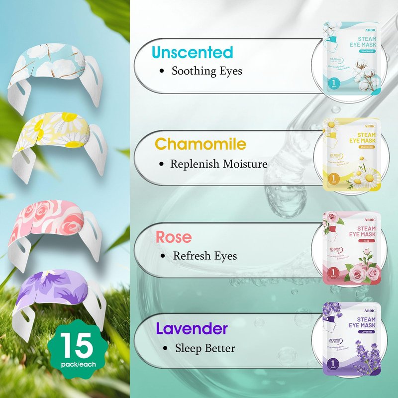 AROIC 60 Pack Steam Eye Masks Disposable, Heated Eye Mask Warm Compress for Eyes, Relaxation Mothers Day Gifts Self Care for Women, Spa Travel Essentials - Lavender, Unscented, Chamomile, Rose