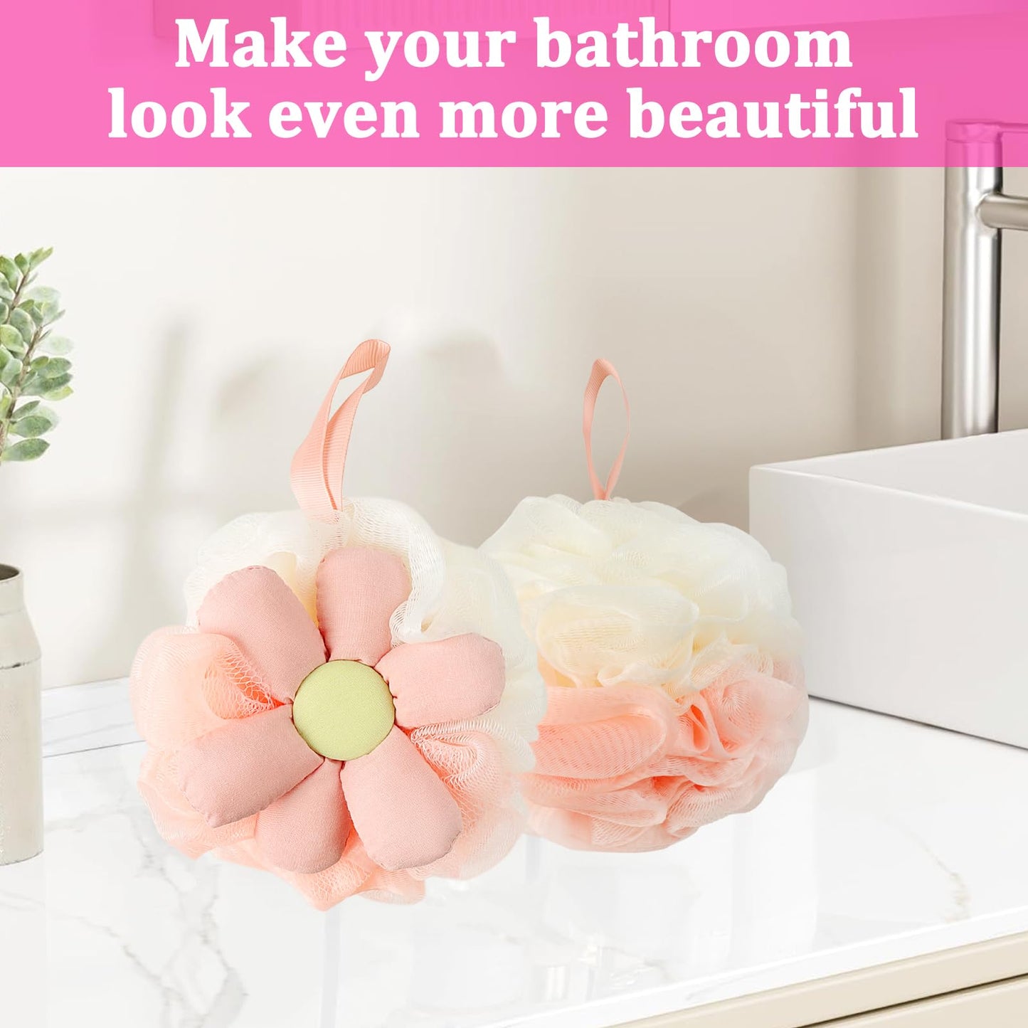 2PCS Cute Flower Bath Sponges Loofah Mesh Pouf Body Scrubber Exfoliating Shower Sponge for Women Shower Puff Soft Loofah Sponge Ball Bath Sponge for Sensitive Skin in Beauty Bathing Accessories