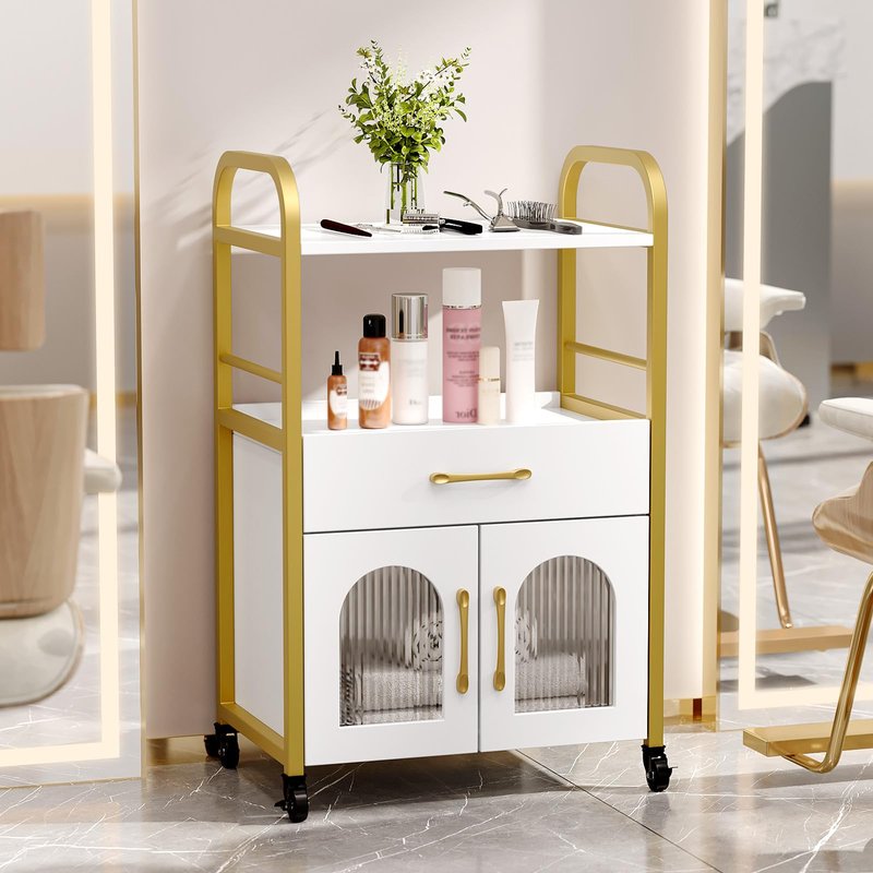 OmySalon Salon Trolley Cart, Esthetician Cart with Drawer & Tray, Hair Styling Station, Lockable Wheels Mobile Storage Cabinet for Beauty Spa Massage Esthetic, White Gold
