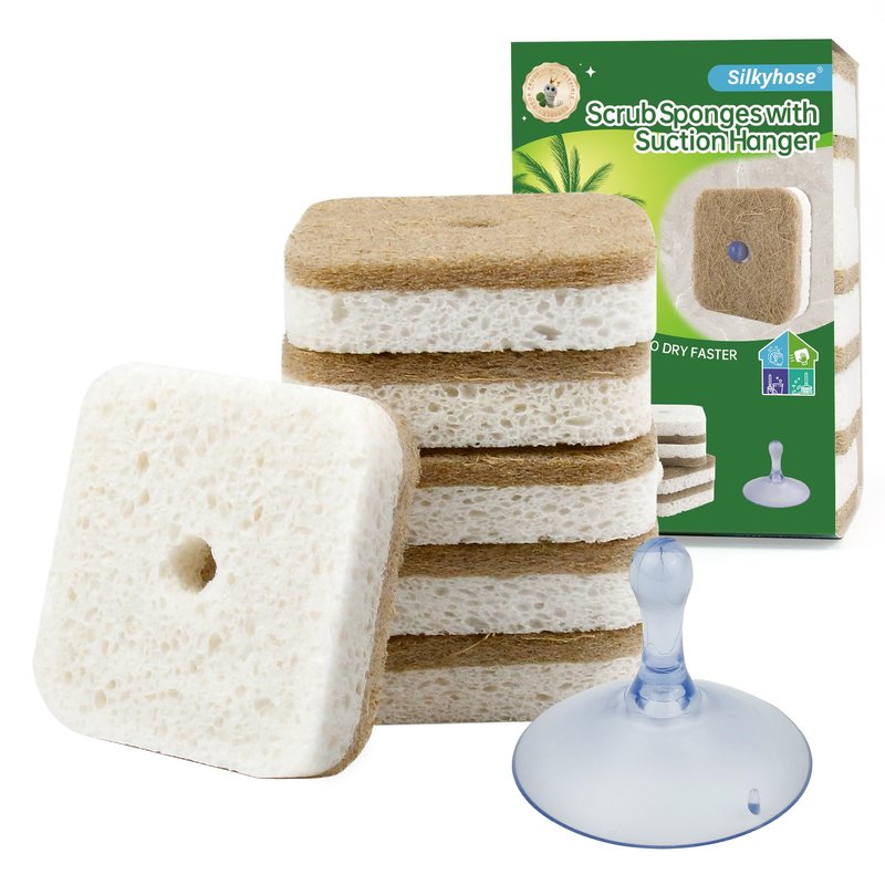 Silkyhose 6pcs Scrub Sponges with Suction Cup Hook, Natural Kitchen Sponge, Biodegradable Compostable Cellulose and Coconut Non-Scratch Sponges, Cleaning Sponges for Dishes
